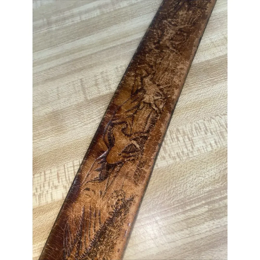 Vintage Western Hand Tooled Brown Leather Strap Horse Scene Belt Sz 36 Cowboy